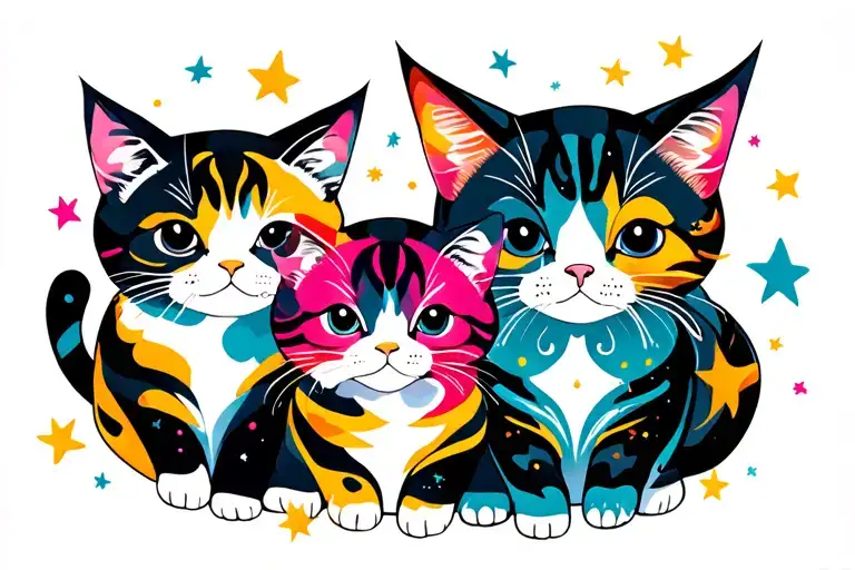 Abstract Vibrant Cute Colored Cats With Stars Scattered Not Realistic