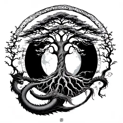 Yggdrasil The World Tree With Ouroboros And Jormungandr At The Side