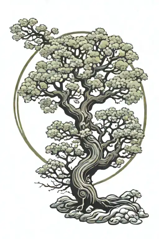 Suminagashi Inspired Tree Of Life Tattoo Design With Two Circles Behind The Tree