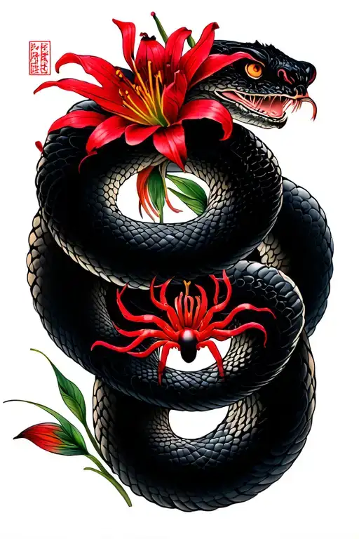 Black Snake And Red Spider Lily