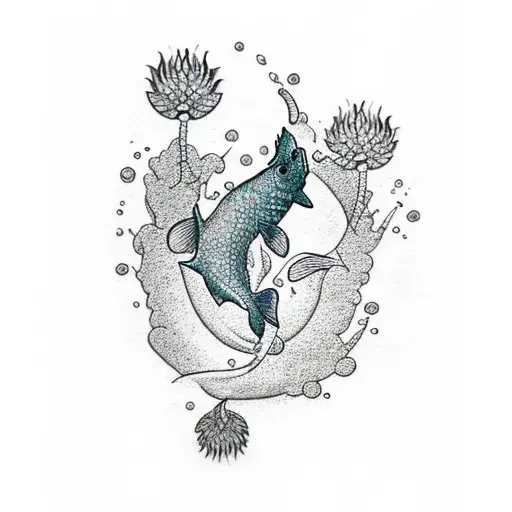A Dotwork Design Of A Fish Jumping Out Of A Pond Filled With Water Lilies