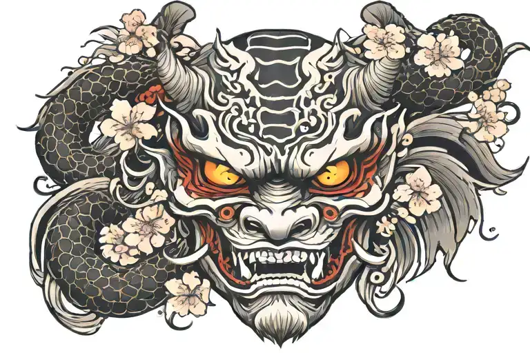 Oni Mask With A Dragon And Cherry Blossom Petals Falling