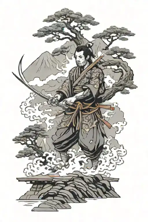 Samurai In The Fire Village Nestled In The Mountains