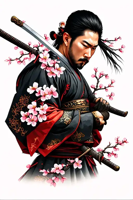 Japanese Samurai Warrior Wielding A Sword With Cherry Blossoms