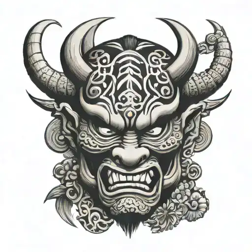 A Samurai Oni Mask With Hawaiian Tribal Background