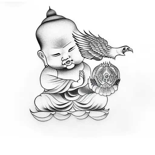 Baby Buddha Playing With An Eagle
