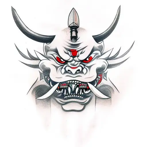Oni Mask Holding A Seppuku Dagger With Mouth