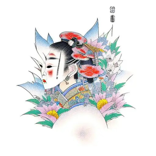 Female Samurai With Flowers And Butterflies