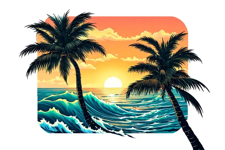 Palm Tree With Ocean Background Sunset In California