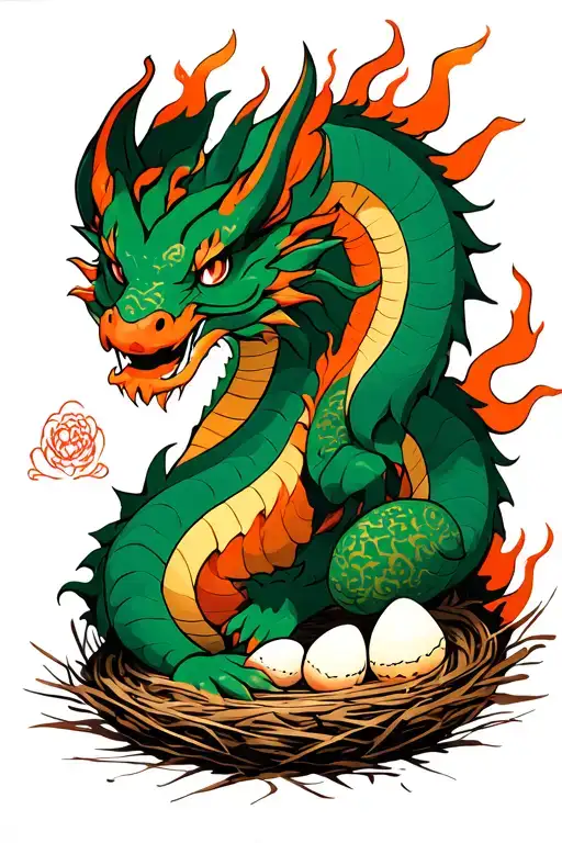 Green With Orange Fire Dragon Protecting His Three Eggs In A Nest