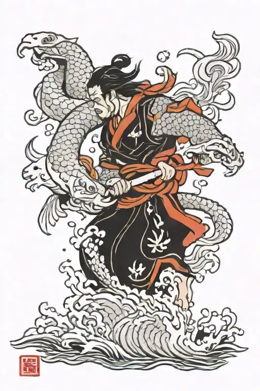 Samurai Fighting Foo Dog With Koi Fish Swimming