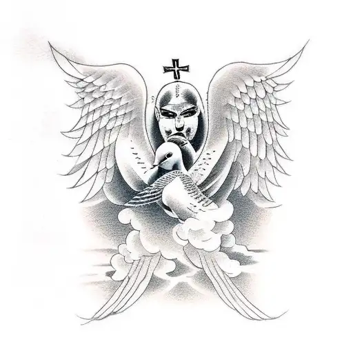 2 Doves And An Angel With Crosses And Clouds