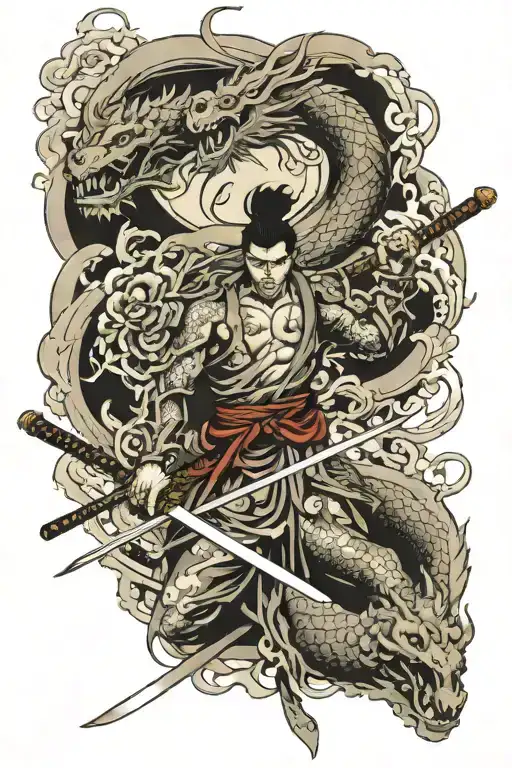 4 Armed Swordsman Tattoo With Dragon