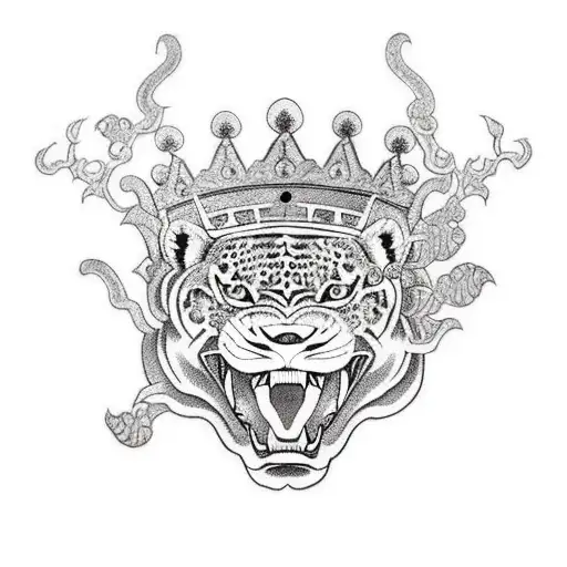 Growling Jaguar With A Crown And A Sword And Lotus Flowers
