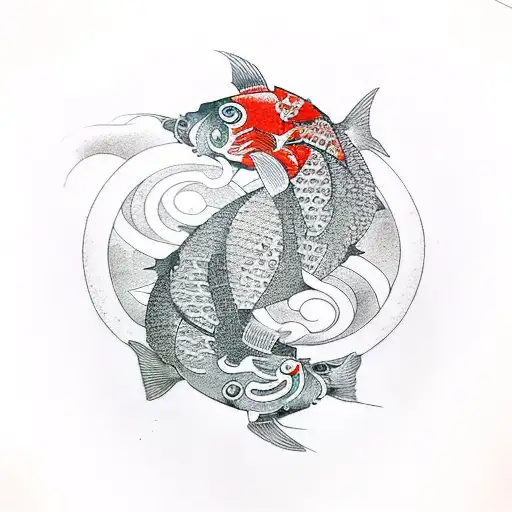 Yin And Yang Koi Fishes In Cyberpunk Style