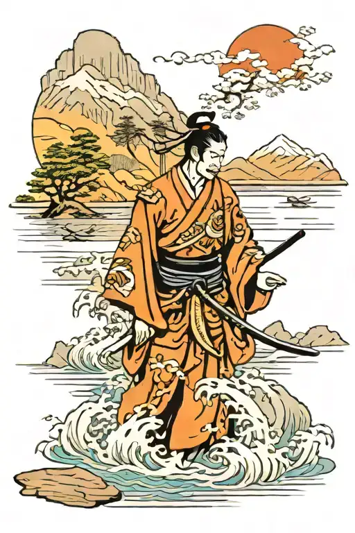 Samurai At A Lake Surrounded By Mountains
