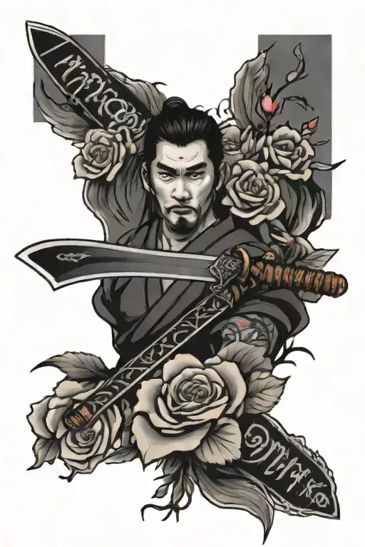Roses Katana Surrounded Sakura Flower Man Style