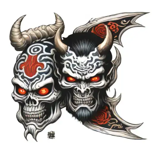 Oni Mask Split In Half Skull Inside On Forearm