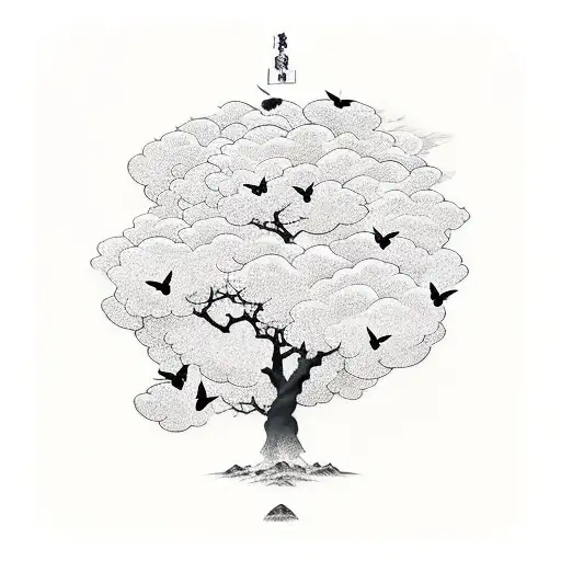 A Few Large Butterflies Flying Around A Tree With A Thick Trunk And Small Top