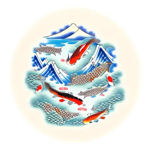 Mountain River And Koi Fish Landscape