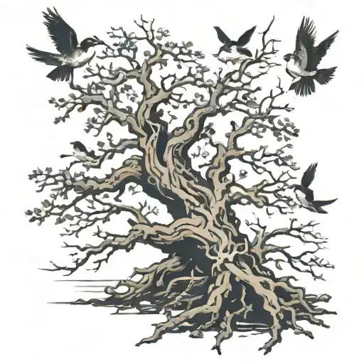 Dead Tree With Roots With Birds Flying Around It