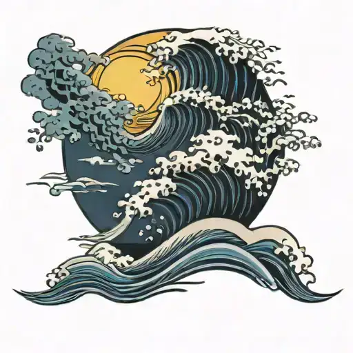 Japenese Waves With Sun And Clouds Surrounding