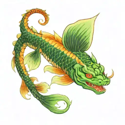 Green Dragon Colorful Face Swimming With A Giant Orange Koi