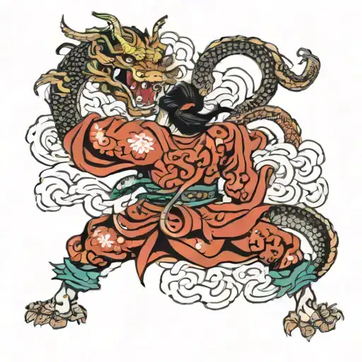 Japanese Dragon Fighting Samurai Warrior Battling Demons