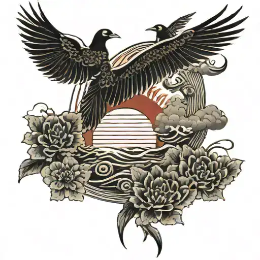 Japanese Rising Sun With Birds