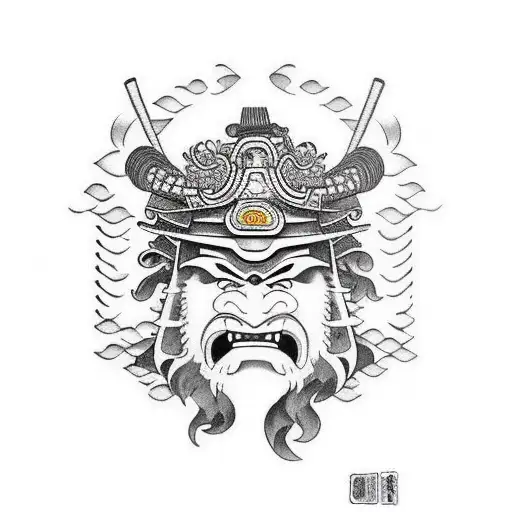 Samurai On Oni Mask Under The Half Moon With Sakurapetals