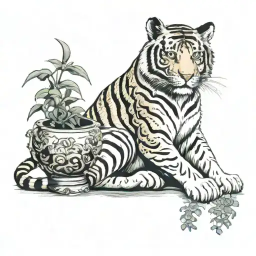 Tiger Sitting With A Plant Pot