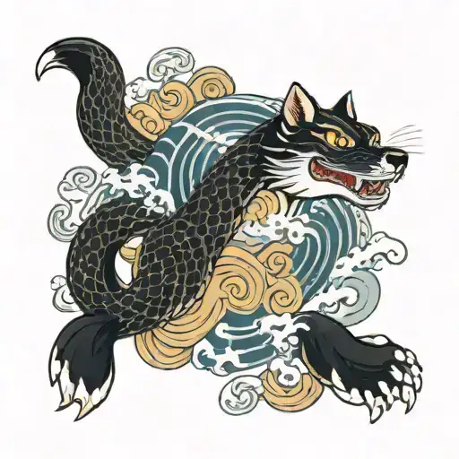 Fuu Dog And Snake Surrounded By Swirling Waves Crashing In The Background