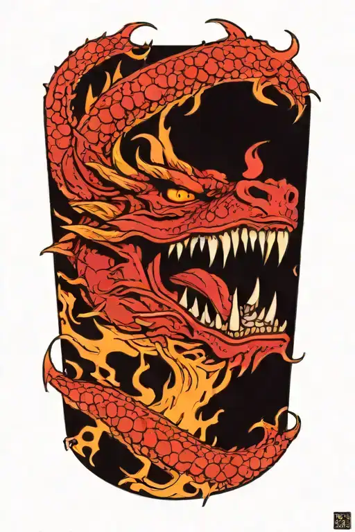 Dragon With Fangs And Red Eyes Surrounded And Flames Coming Out Of It With Fangs