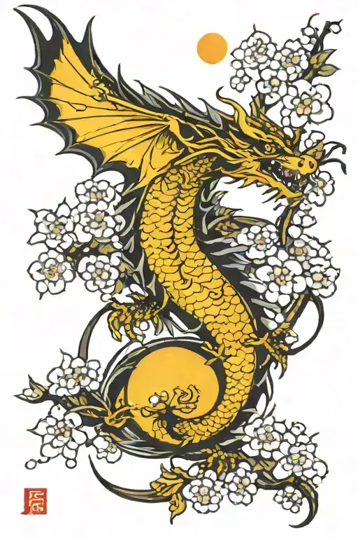 Dragon And Wing Attached And Moon Cherry Blossom Flowers And Music Note