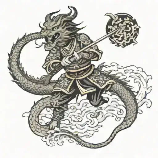 Japanese Dragon Fighting Samurai Warrior Battling