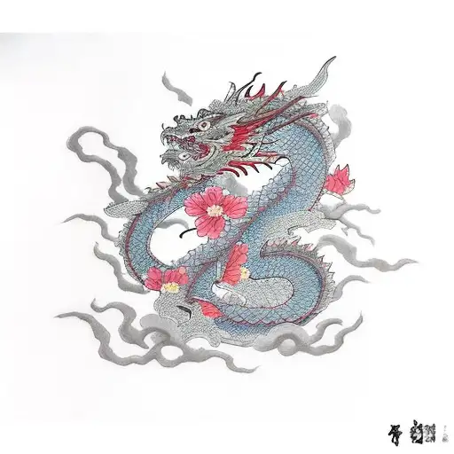 Geisha And Dragon With Sakura Petals