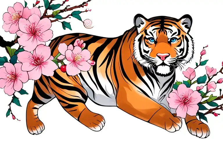 Cherry Blossom And Tiger And December Birth Flowers Blue