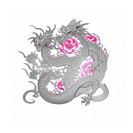 Men Sleeve Dragon Pink Flowers