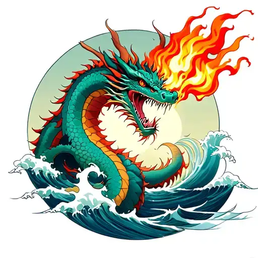 Dragon Breathing Fire Over The Ocean
