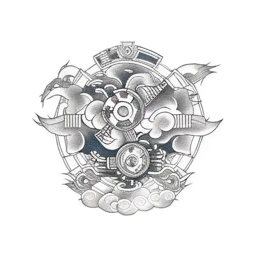 Create A Tattoo Of A Detailed Engine With Racing Flags Waving In The Background