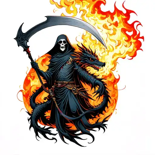 Grim Reaper Holding A Scythe With A Black Dragon Rapped Around It Spitting Fire