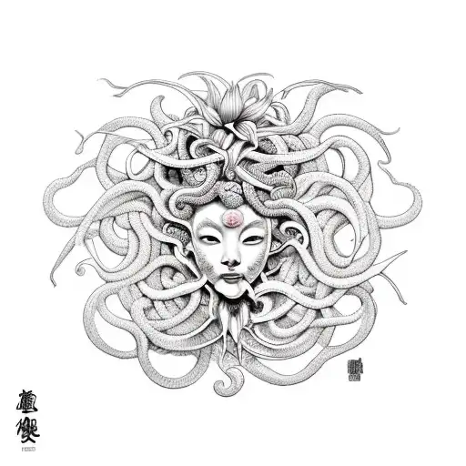 A Modern Interpretation Of Medusa Intertwined With Spider Lillies
