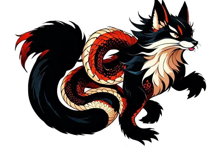 Nine Tailed Fox With A Cobra Around Its Left Leg And Ready To Strike