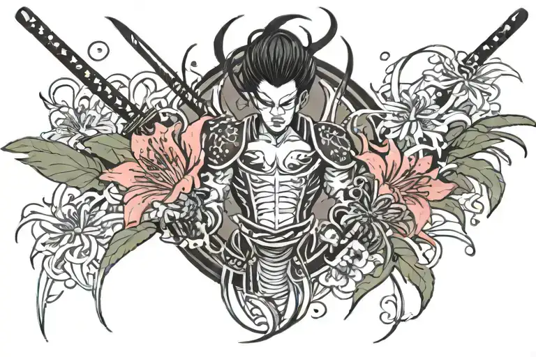 Katana With Red Spider Lilies Around It And Spider Lilies Petals Below Behind It