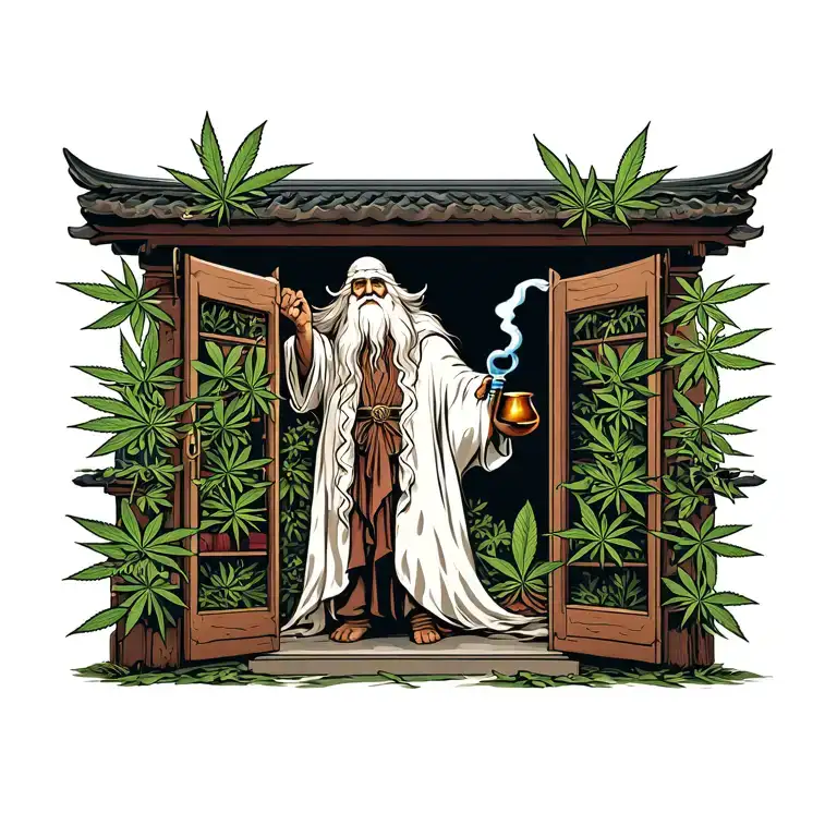 Doors Of Durin With Marijuana Plant Growing And Gandalf Smoking From A Bong