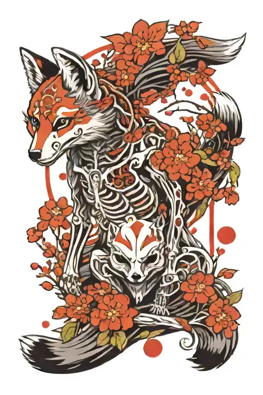 Skeleton And Fox With Red Thread Around It Under The Moon And Sakura Petals