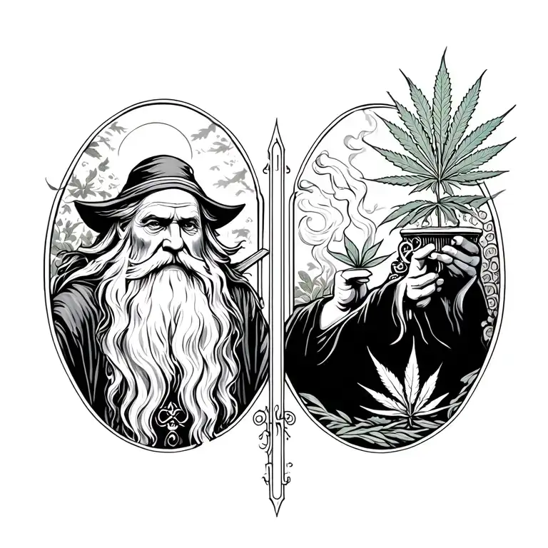Doors Of Durin With Marijuana Plant Growing And Gandalf Smoking From A Bing