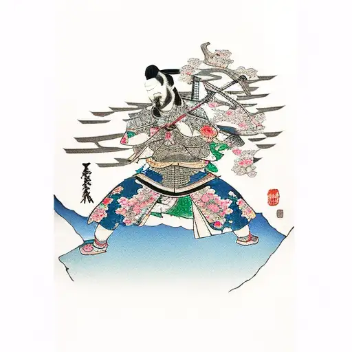 Japanese Samurai With Temple And Cherry Blossom Tree