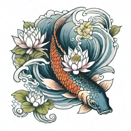 Koi Fish Swimming Upstream With Lotus Flower Blooming