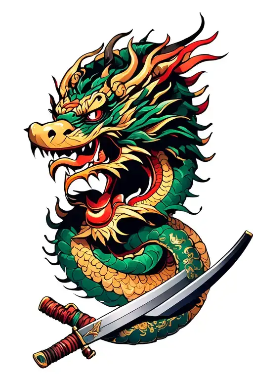 Oni Mask With Dragon Wrapping Around It With A Katana And Armor Laying By It